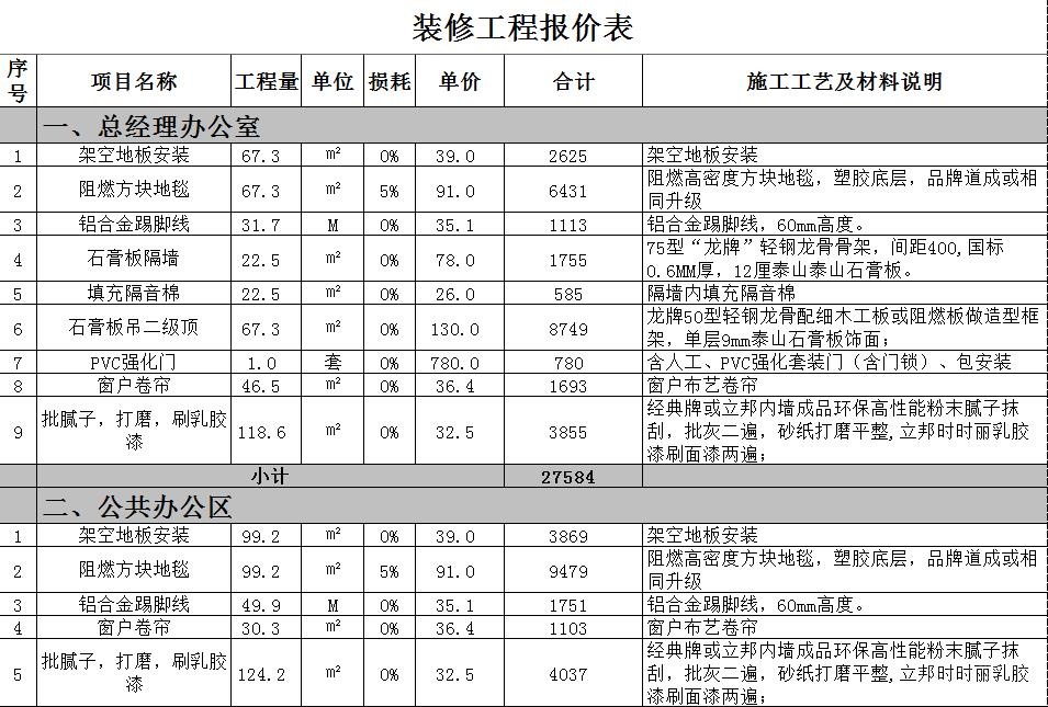 辦公室裝修報(bào)價(jià)表